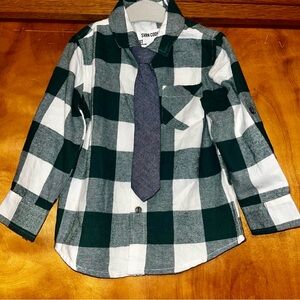 Green and White Plaid Shirt with Removeable Tie